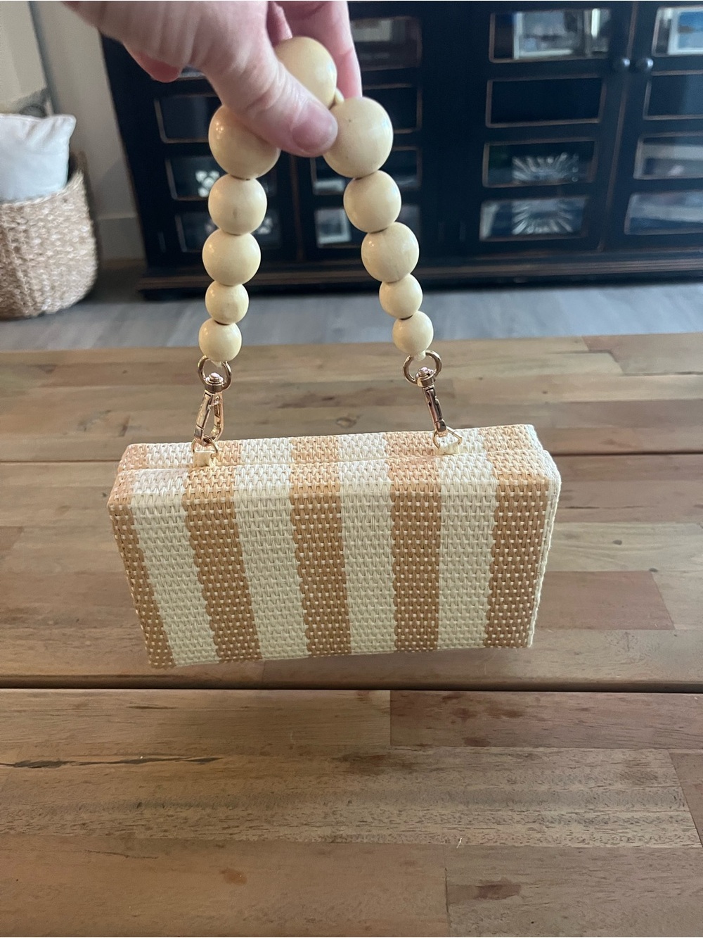 a new day Straw Beaded-Handle Clutch in Cream & Tan